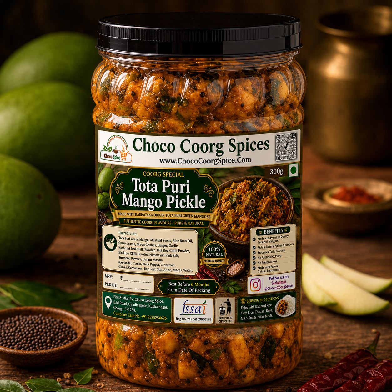 Coorg Homemade Tota Puri Mango Pickle - Traditional Mango Achar - Choco Coorg Spices