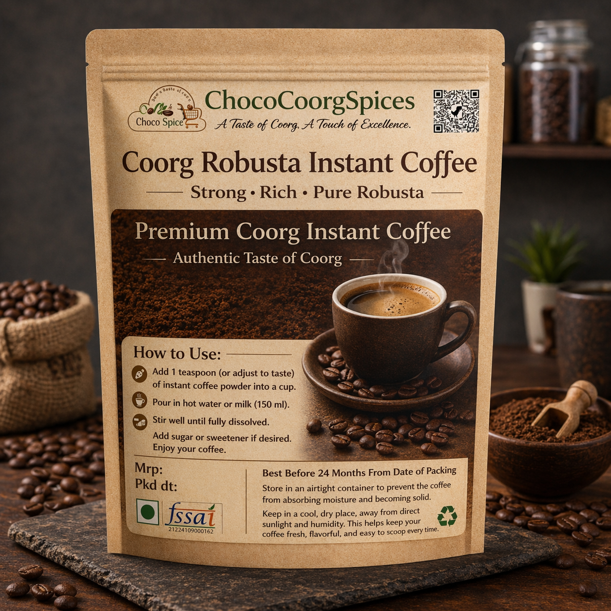 Robusta Coorg Instant Coffee Powder - 100% Coffee Without Chicory Robusta Instant Coorg Coffee