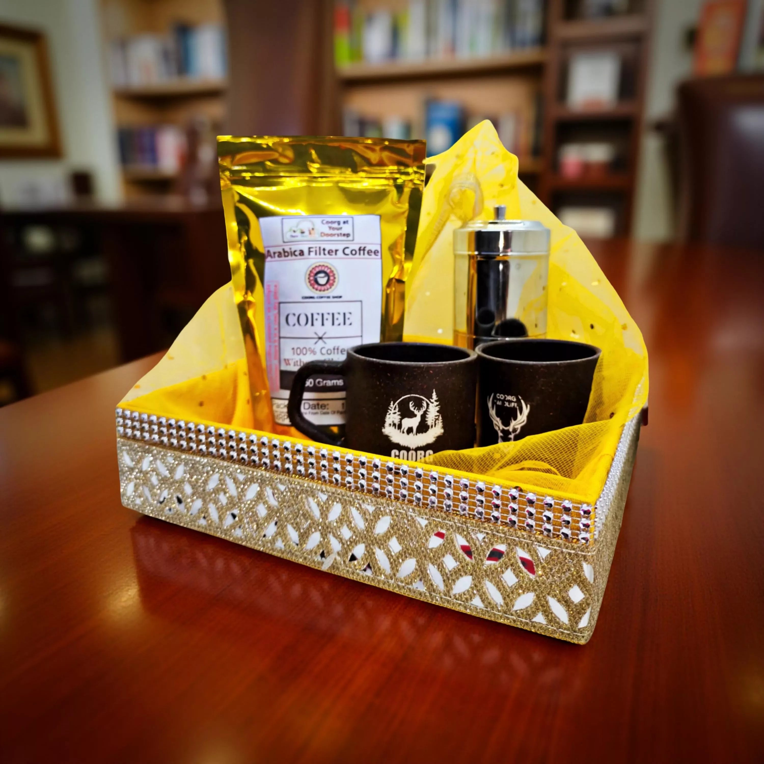 Coorg Coffee Gift Hamper 250g Filter Coffee, Steel Filter, and 2 Eco-Friendly Cups